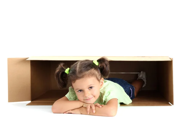 Beautiful little girl with box isolated on white — Stock Photo, Image