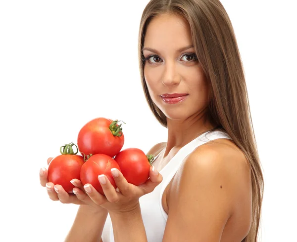 Hermosa joven con tomates, aislado en blanco — Foto de Stock