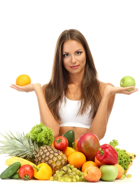 Hermosa joven con frutas y verduras, aislada en blanco — Foto de Stock