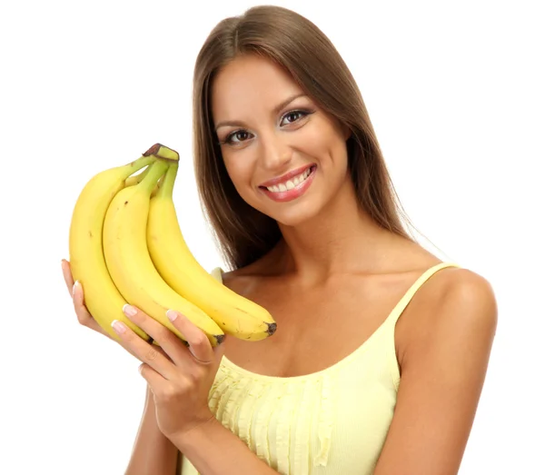 Bela jovem com bananas, isolado em branco — Fotografia de Stock