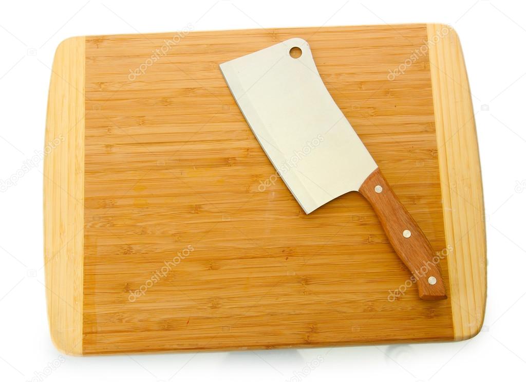 meat cleaver on cutting board isolated on white