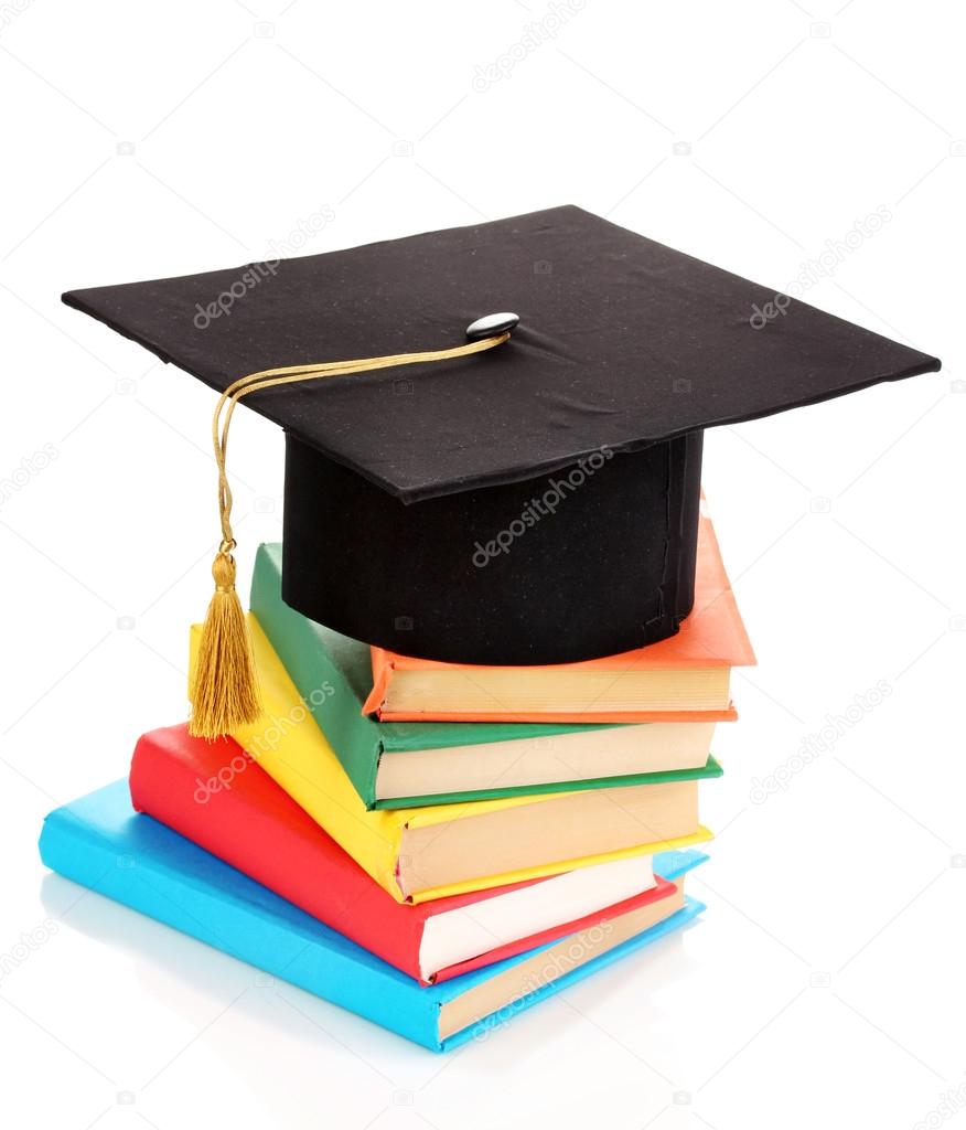 Grad hat with books isolated on white