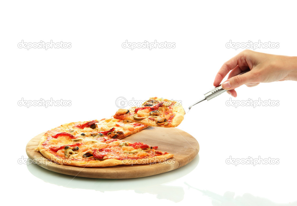 Woman's hand holding a slice of pizza on a culinary shoulder on white background close-up
