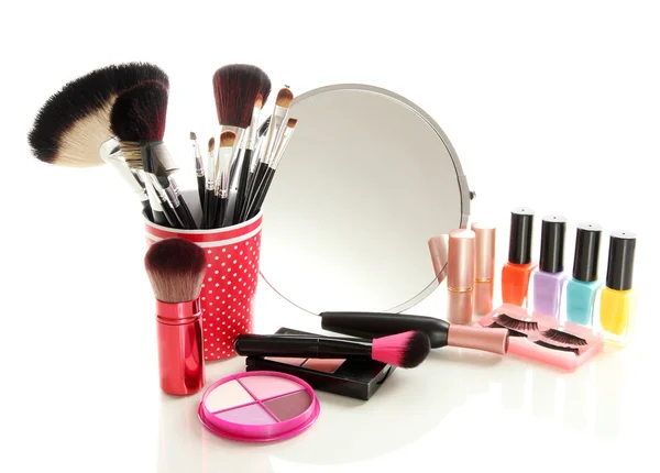 Cosmetics near mirror isolated on white — Stock Photo, Image