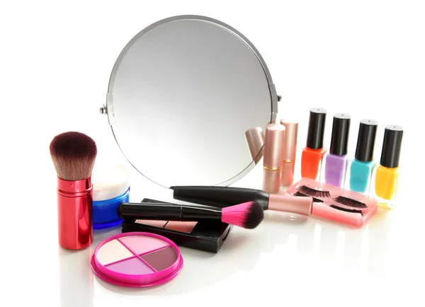 Cosmetics near mirror isolated on white — Stock Photo, Image