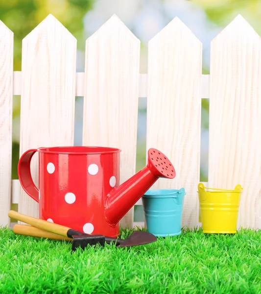 Zahradnické nástroje na zelené trávě na dřevěný plot pozadí — Stock fotografie