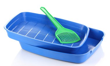 beyaz izole mavi plastik çöp kedi