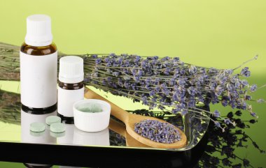 yeşil zemin üzerine otlar ve ilaç şişeleri. homeopati kavramı