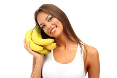 muz, üzerinde beyaz izole olan güzel kadın