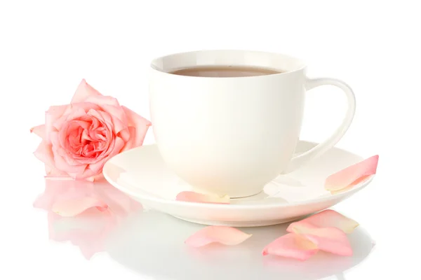 Tazza di tè con rosa isolata su bianco — Foto Stock