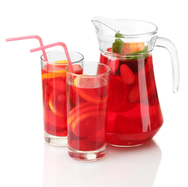 Sangria in jar and glasses, isolated on white — Stock Photo, Image