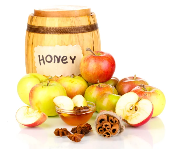 Honey and apples with cinnamon on natural background — Stock Photo, Image