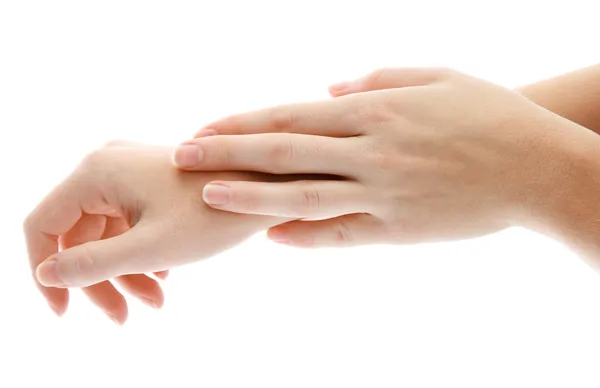 One woman hand massaged other, isolated on white — Stock Photo, Image