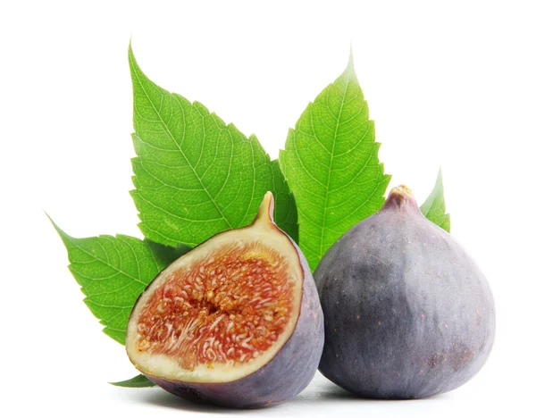 Ripe sweet figs with leaves isolated on white — Stock Photo, Image