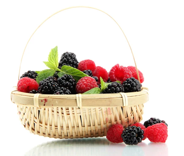 Beautiful berries with leaves in basket isolated on white — Stock Photo, Image
