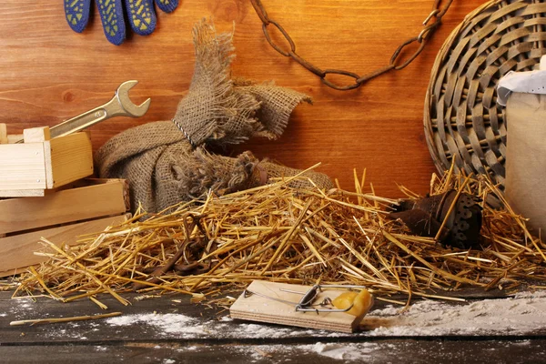 Mousetrap com um pedaço de queijo no celeiro em fundo de madeira — Fotografia de Stock