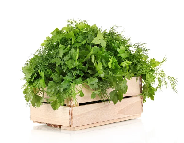Wooden box with parsley and dill isolated on white — Stock Photo, Image