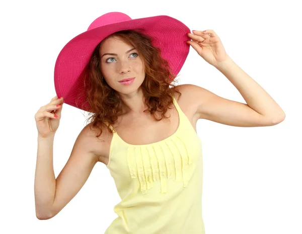 Smiling beautiful girl in beach hat isolated on white — Stock Photo, Image