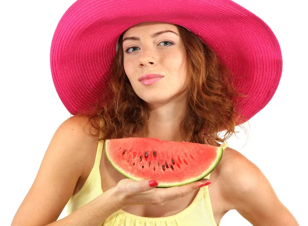 Usmívající se krásná dívka v klobouku pláž s meloun izolovaných na bílém — Stock fotografie