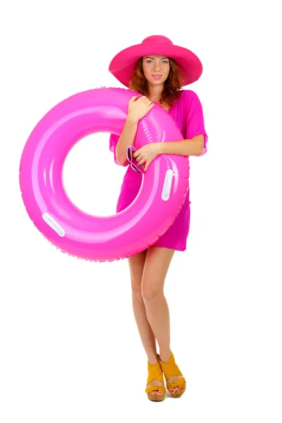 Beautiful girl with beach hat, glasses and rubber ring isolated on white — Stock Photo, Image