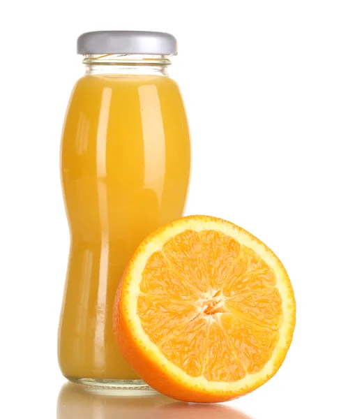 Delicious orange juice in a bottle and orange next to it isolated on white — Stock Photo, Image