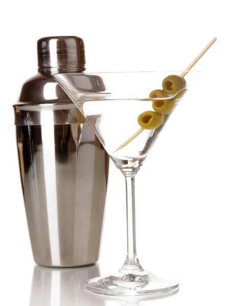 Martini glass with olives and shaker isolated on white — Stock Photo, Image