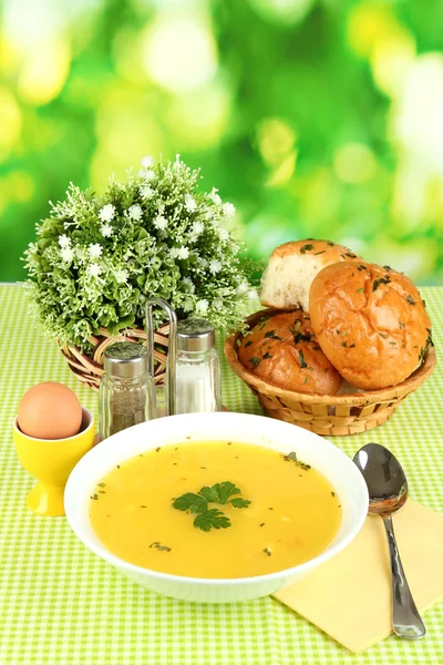 Fragrant soup in white plate on green tablecloth on natural background clos — Stock Photo, Image