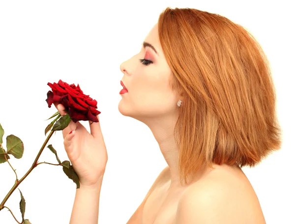 红玫瑰性感的年轻女人的肖像 — 图库照片