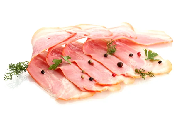 Baharatlar, üzerinde beyaz izole ile lezzetli domuz pastırması — Stok fotoğraf