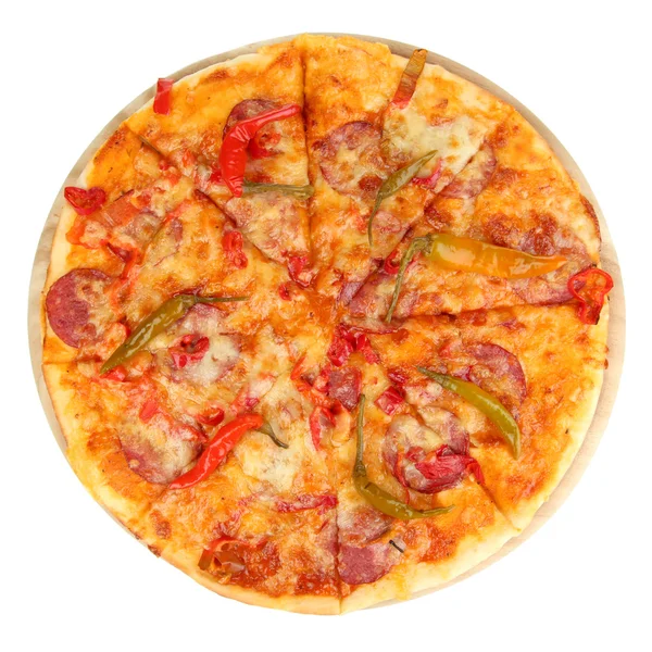 Leckere Pfefferoni-Pizza auf Holzbrett isoliert auf weiß — Stockfoto