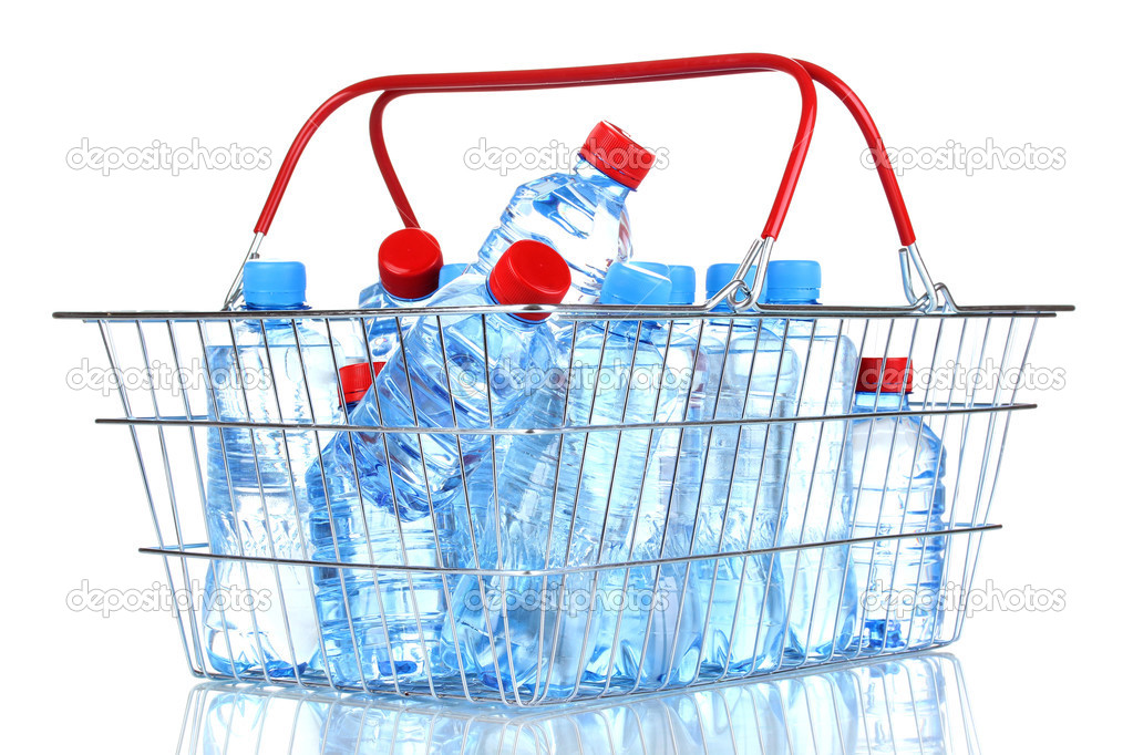 Plastic bottles of water in metal basket isolated on white