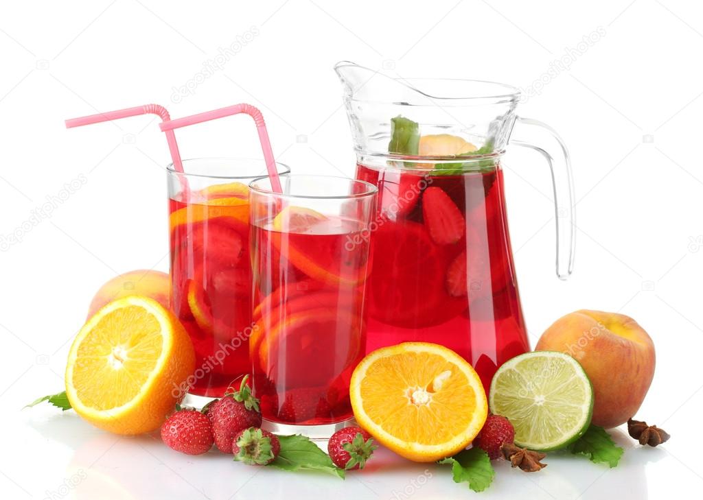 Sangria in jar and glasses with fruits, isolated on white