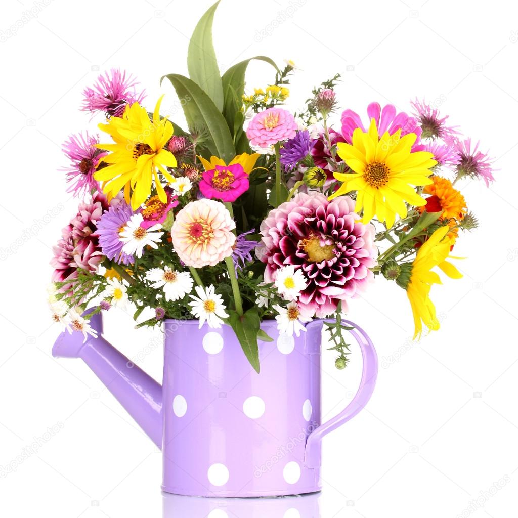 Beautiful bouquet of bright flowers in watering can isolated on white ...