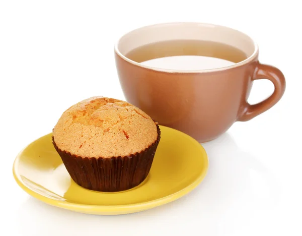 Fresh muffin with tea isolated on white — Stockfoto