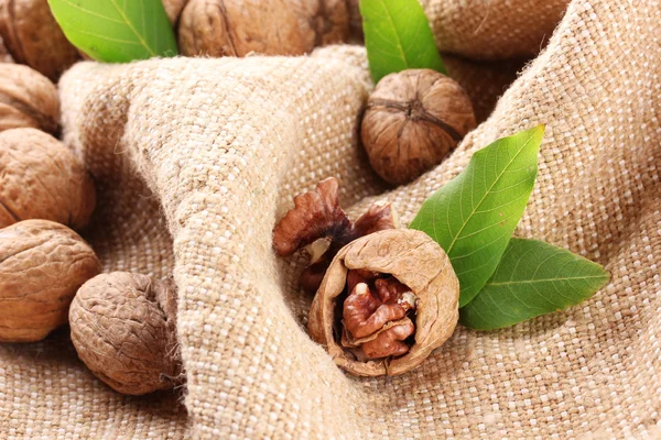 Walnuts with green leaves, on burlap background — Stock Photo, Image