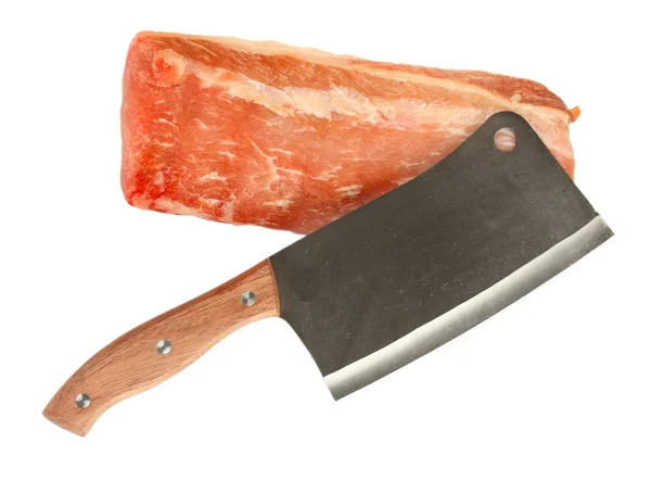 生猪肉与孤立在白色肉柴刀 — 图库照片