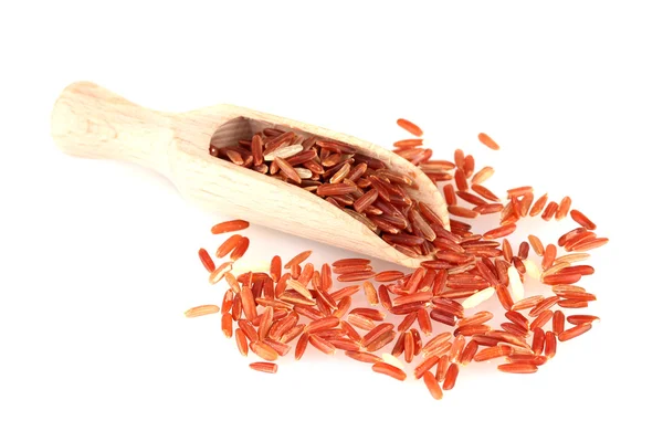 Red rice in wooden scoop isolated on white background — Stock Photo, Image