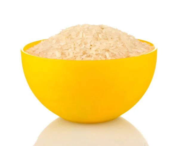 Rýže v žluté desky, izolované na bílém — Stock fotografie