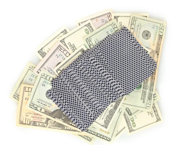 Dollar und ein Kartenspiel isoliert auf weiß — Stockfoto