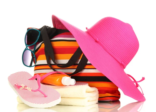 Beach bag with accessories isolated on white — Stock Photo, Image