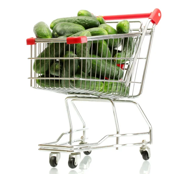 Fresh cucumbers in trolley isolated on white — Stock Photo, Image