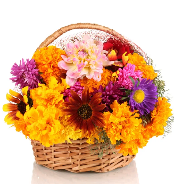 Beautiful bouquet of bright flowers in basket isolated on white — Stock Photo, Image