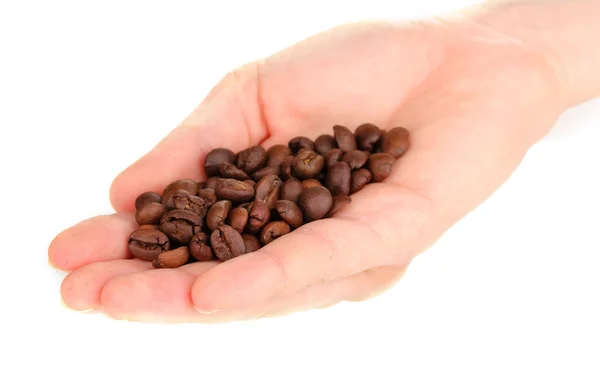 Coffee beans in hand isolated on white — Stock Photo, Image