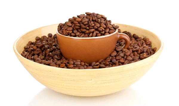 Coffee beans in bamboo bowl with cup isolated on white — Stock Photo, Image