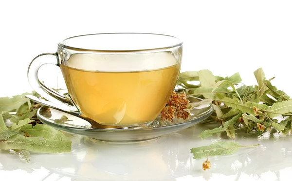Glass cup of tea with linden isolated on white — Stock Photo, Image