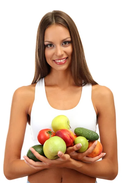 Bela jovem com frutas e legumes, isolado em branco — Fotografia de Stock