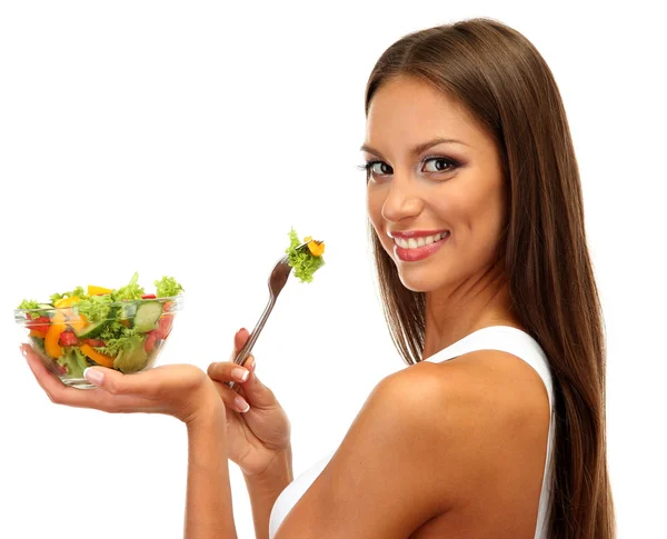 Schöne junge Frau mit Salat, isoliert auf weiß — Stockfoto