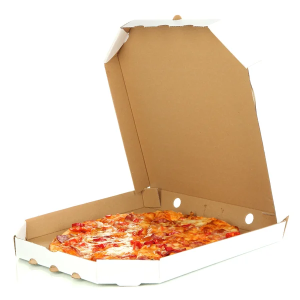 Tasty pizza in box isolated on white — Stock Photo, Image