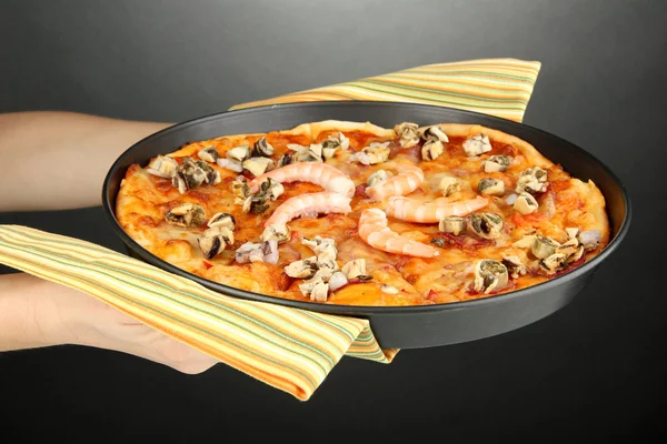 Handen vasthouden pizza met zeevruchten grijze achtergrond — Stockfoto