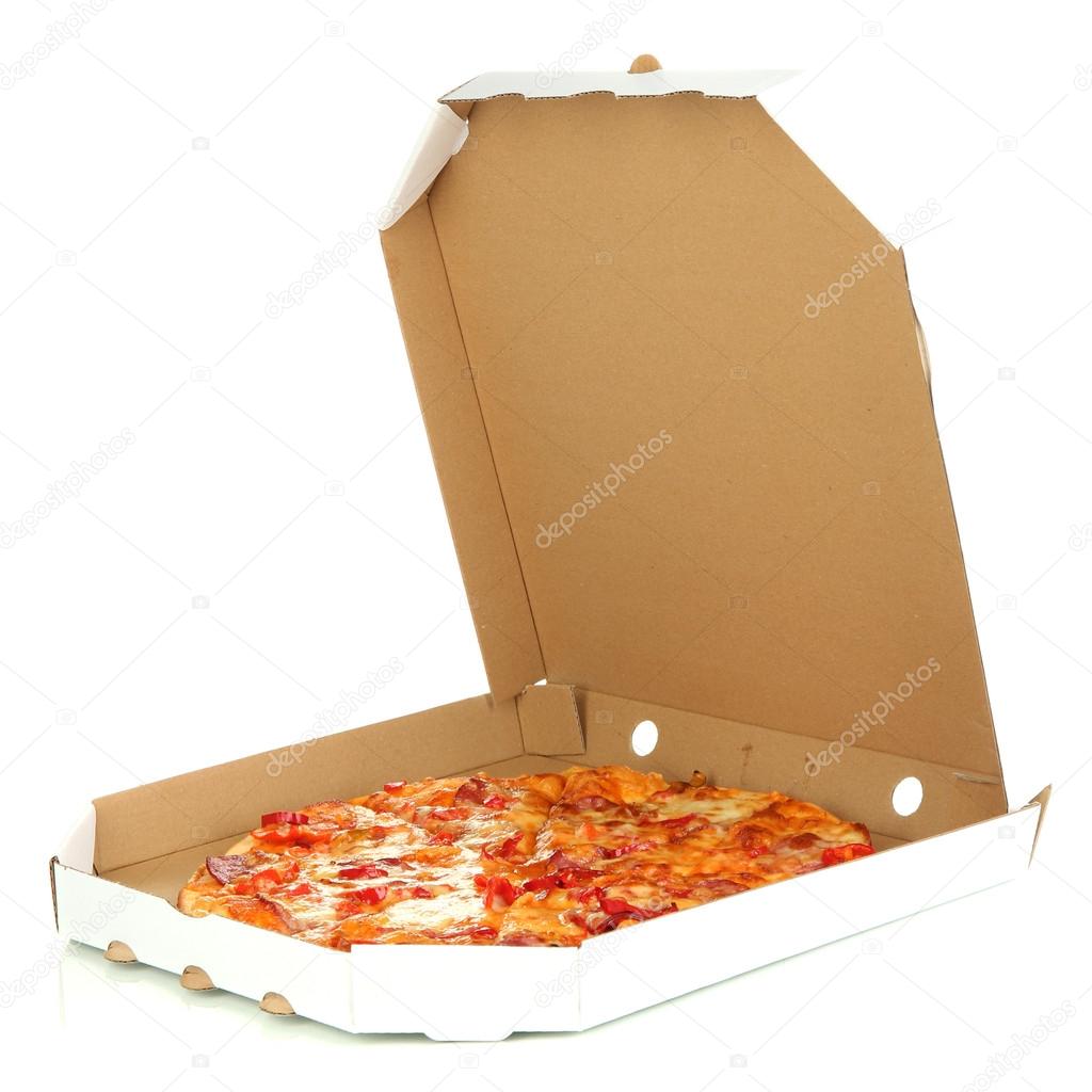 Tasty pizza in box isolated on white